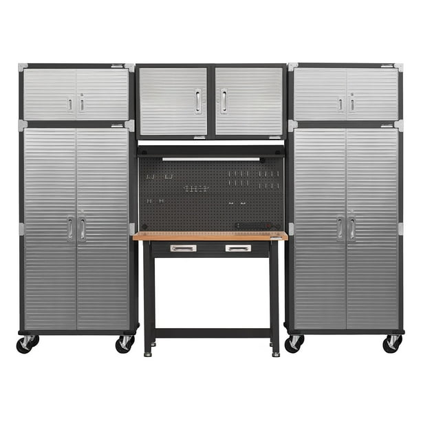 Seville Classics UltraHD 7-Piece Steel Garage Cabinet Storage Set With  Pegboard Workbench, 10' Wide -