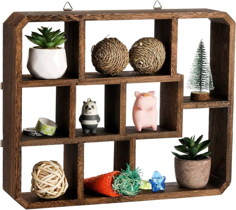 Shadow Box Shelf Nine Compartments: Nine Compartment Wooden Wall Shelf