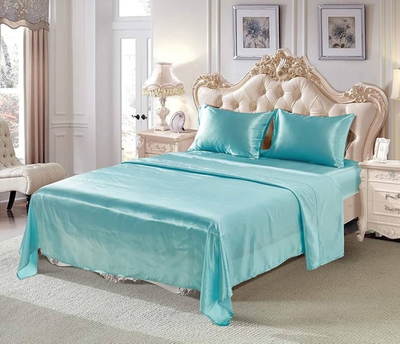 Sheet Set Aqua Blue Satin Sheen Glossy Finish Modern Glam