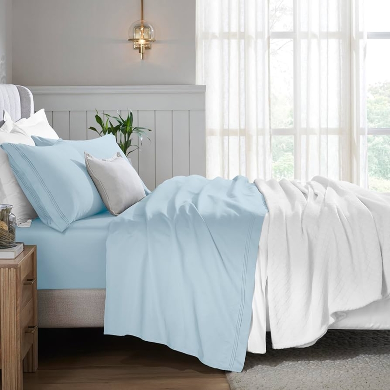 Sheet Set: Baby Blue Cotton-Like with Classic Hemstitch Detail