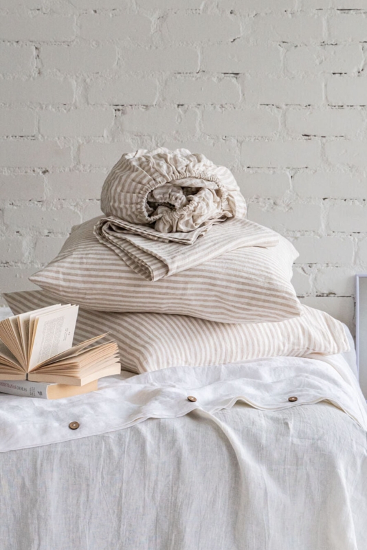Sheet Set Beige Vertical Stripes Folded Stack Cozy Linen Bedding