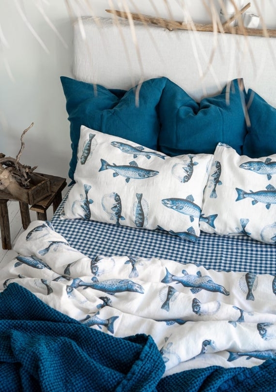Sheet Set Blue Gingham Coastal Bedding Ideas with Fish Motif Pillowcases