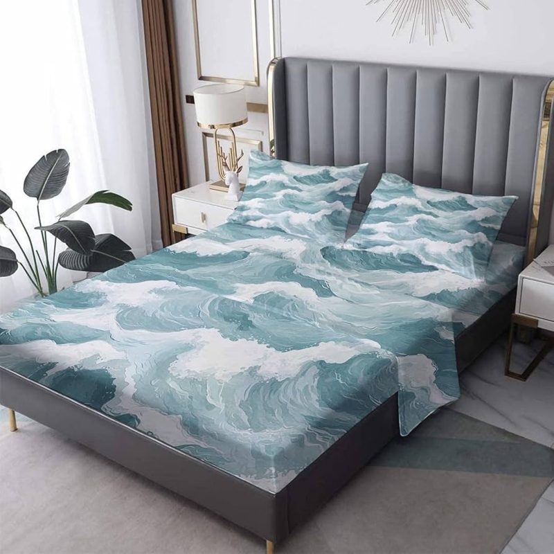 Sheet Set Blue Ocean Wave Pattern Microfiber Deep Pocket Bedding Decor