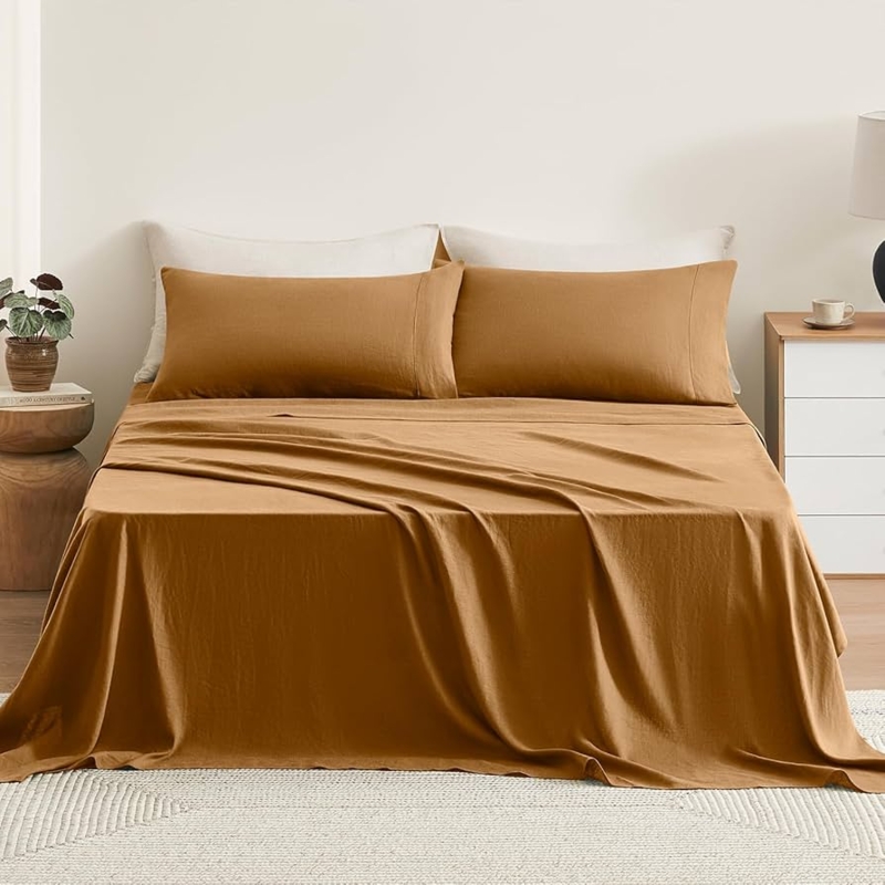 Sheet Set Butternut Crinkled Texture Earthy Orange Linen Bedding
