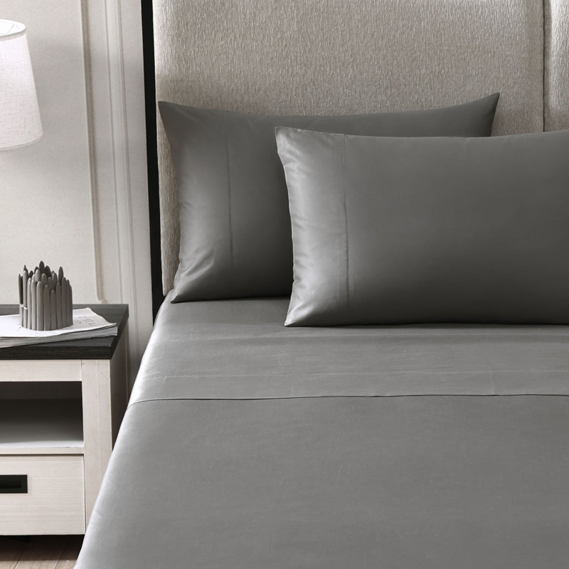 Sheet Set Charcoal Gray Sateen Double-Needle Stitching Detail