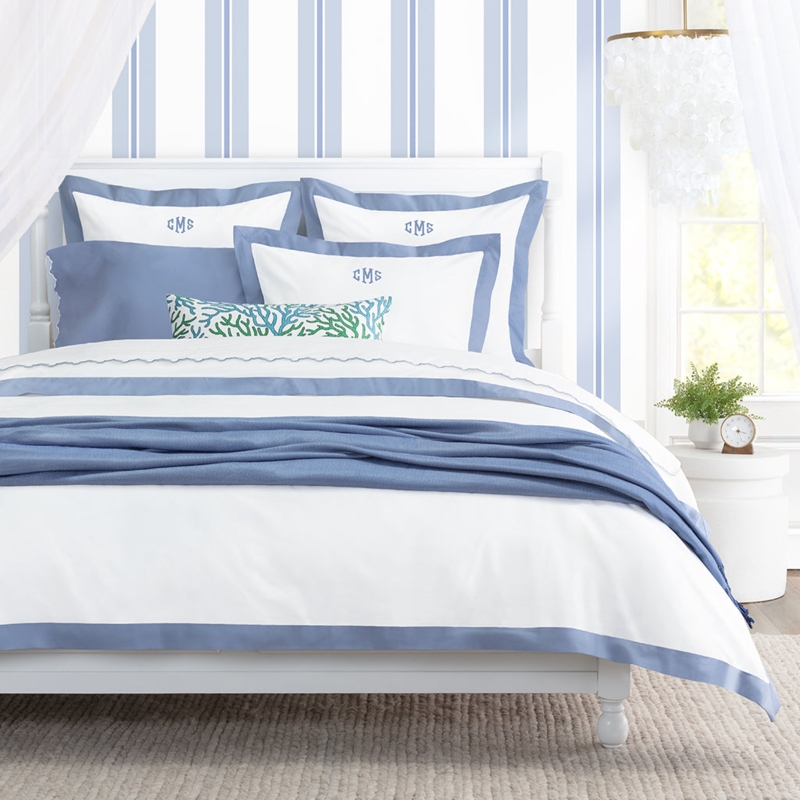 Sheet Set Coastal Blue Scalloped Edge and Embroidered Border Detail