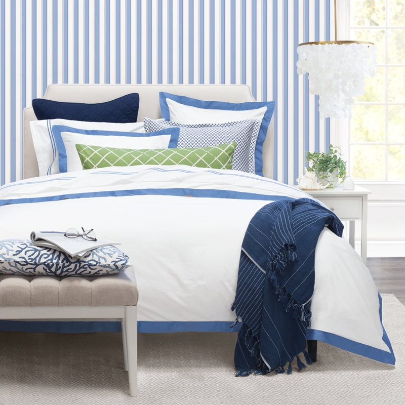 Sheet Set Cotton with Blue Parallel Embroidery Embroidered Border