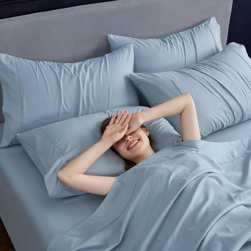 Sheet Set, Deep Navy Hue, Envelope Pillowcases, Microfiber Texture.