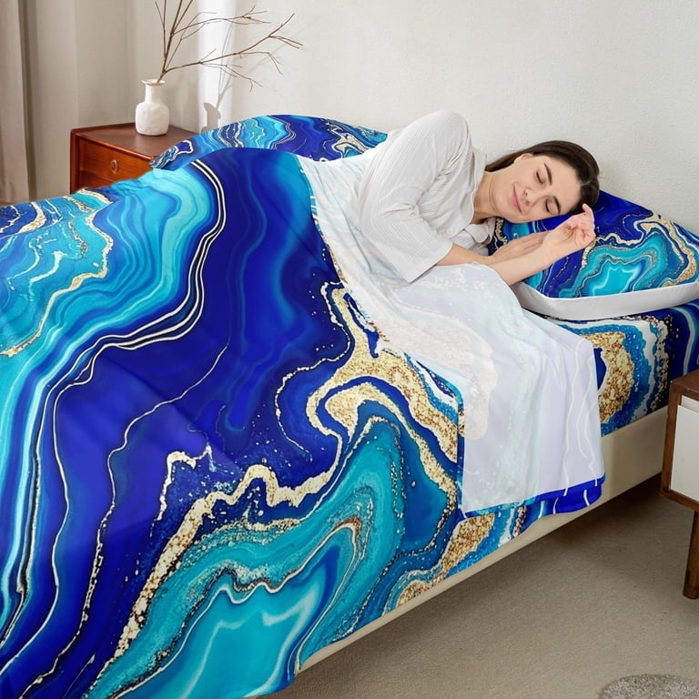 Sheet Set: Dramatic Watercolor Marble Print, High-Contrast Palette