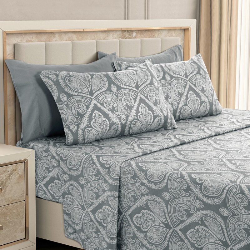 Sheet Set Grey Paisley Pattern, Classic Traditional Bedding Decor