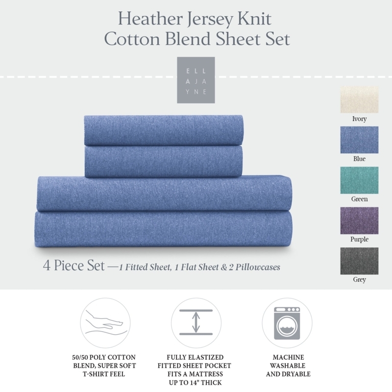 Sheet Set Heathered Blue Jersey Knit Cotton Blend Matte