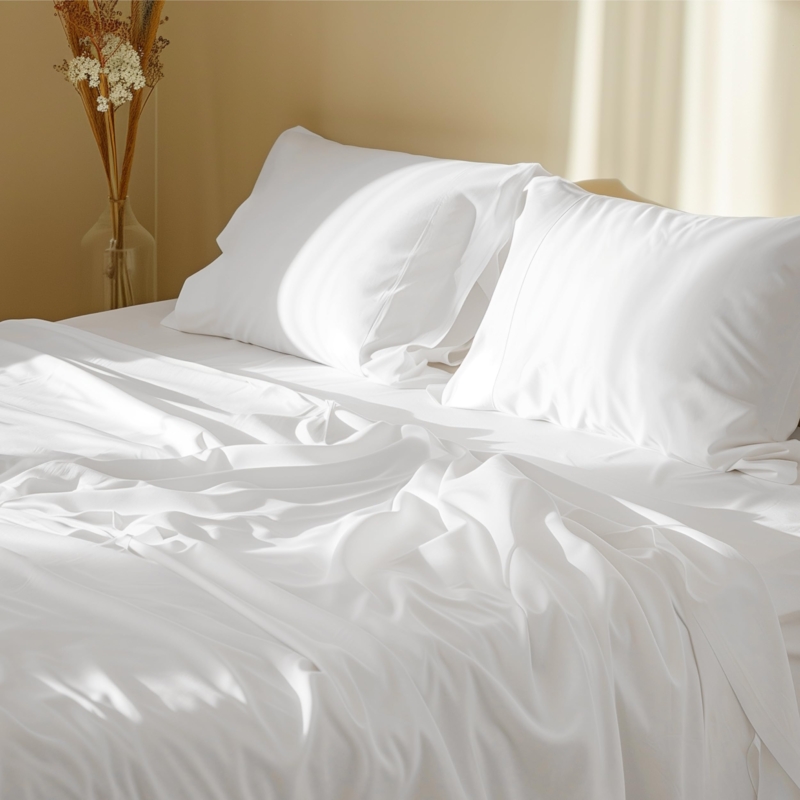 Sheet Set in Crisp White Percale with Cane Headboard Styling