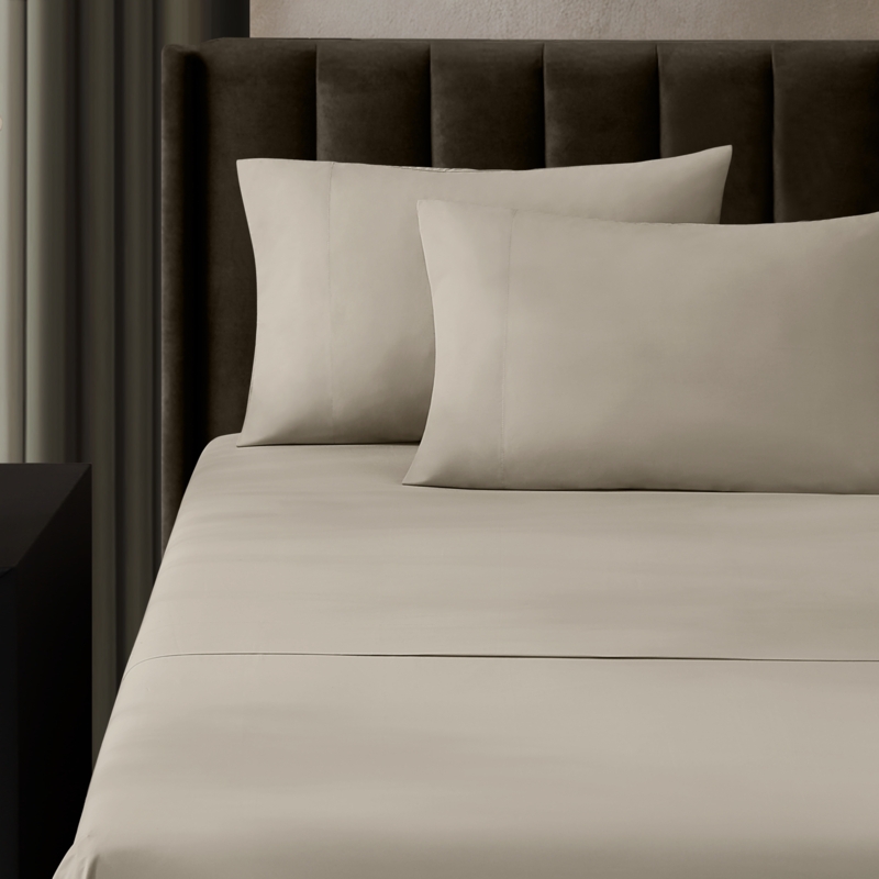Sheet Set in Flax Percale featuring Flanged Pillow Sham Borders