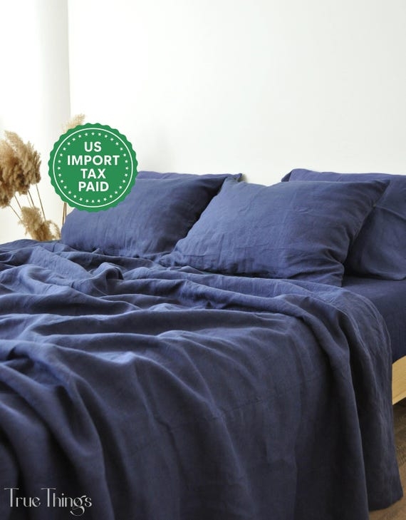 Sheet Set Indigo Blue Linen Stonewashed Crinkled Rustic Style