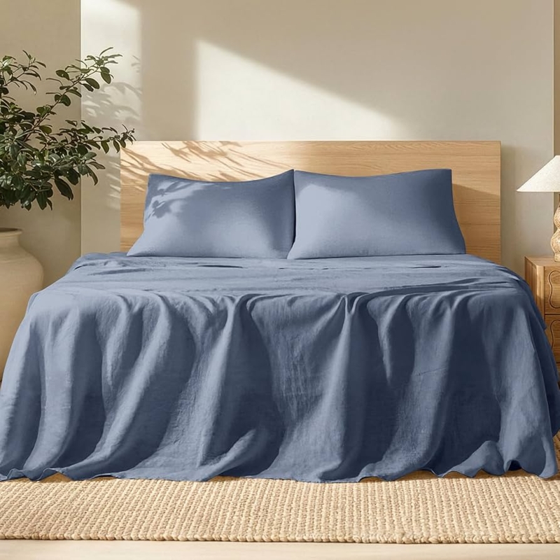 Sheet Set Indigo Linen Texture Relaxed Farmhouse Bedding