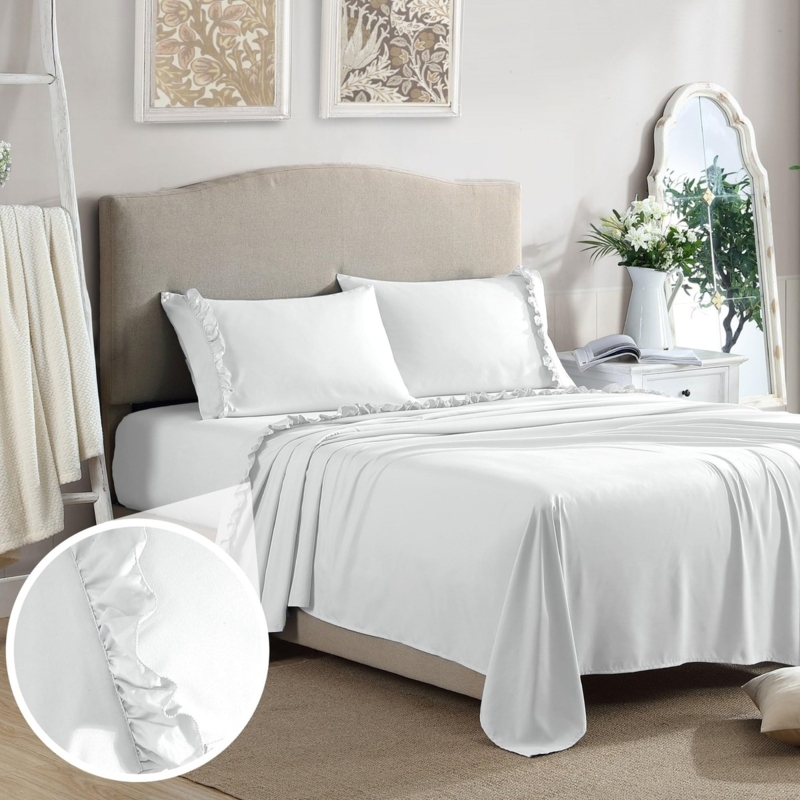Sheet Set Ivory Cream Ruffled Hem Brushed Fabric Romantic Ruffled Set