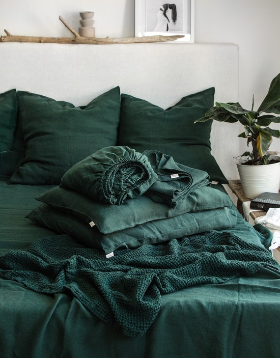 Sheet Set Jungle Green Rumpled Texture Linen Like Organic Modern