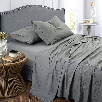 Sheet Set Light Blue Crinkled Texture Matte Linen Like Fabric