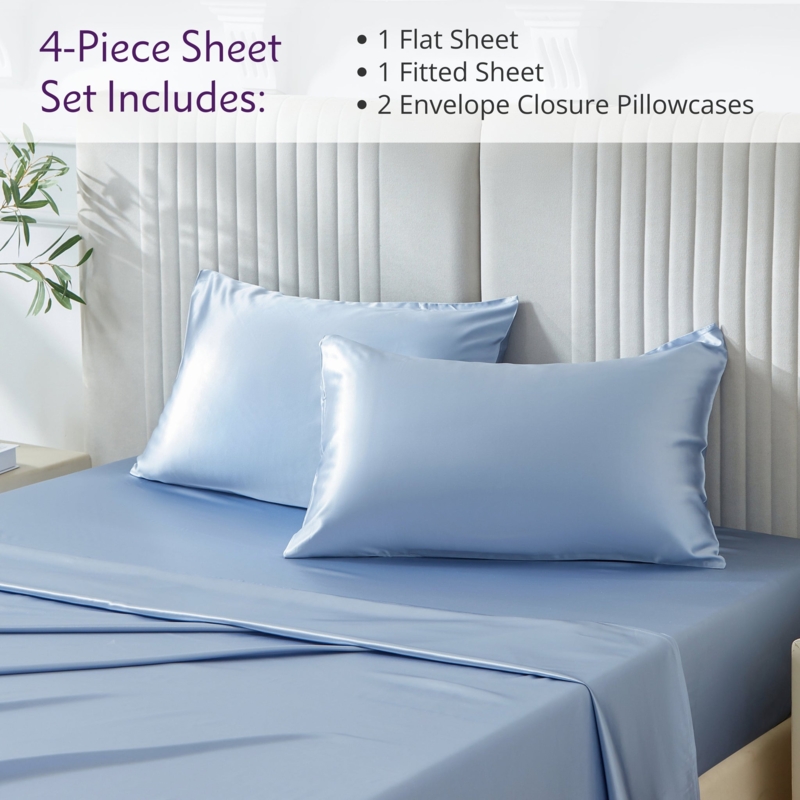 Sheet Set Luxury Silk Steel Blue Lustrous Contemporary Bedding