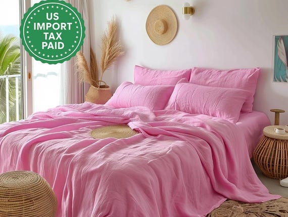 Sheet Set Pastel Pink Button Closure Stonewashed Finish Cozy Bedroom