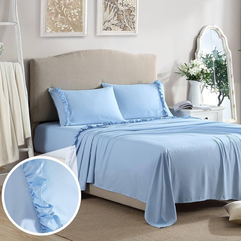Sheet Set Periwinkle Ruffled Hem Design Double Brushed Microfiber