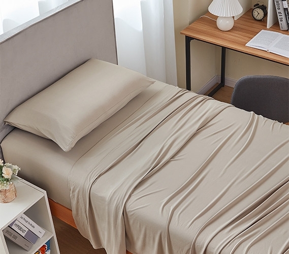 Sheet Set: Plush Velvety Texture in Warm Beige for Cozy Bedroom.