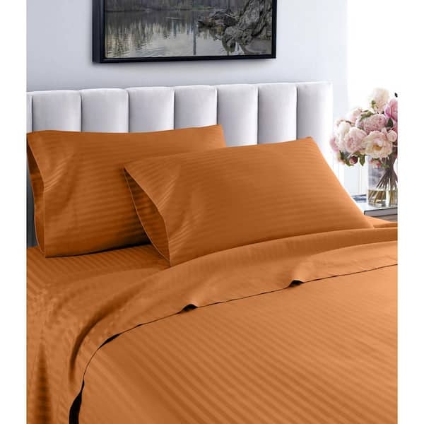Sheet Set Rust Orange Color Damask Stripe Cotton Sateen