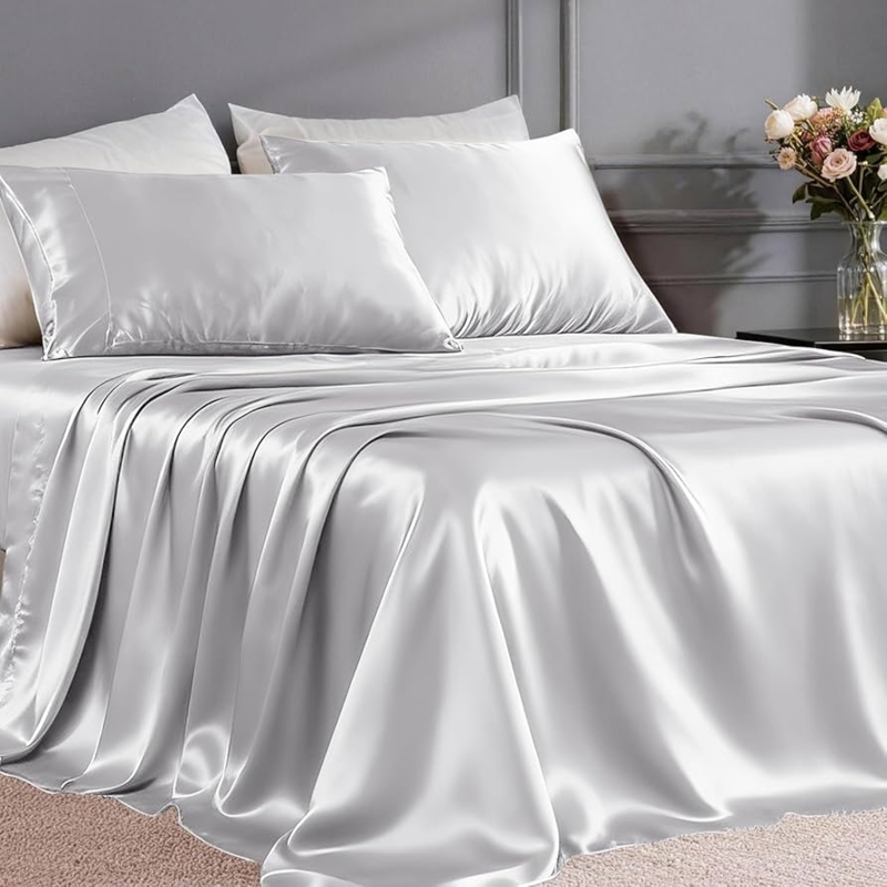 Sheet Set Silver Grey Liquid Drape Satin Luxurious Silver Satin Bedding