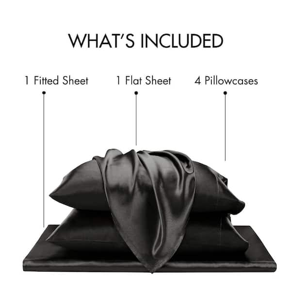 Sheet Set Solid Black Liquid Like Luster Luxury Black Satin Sheet Set