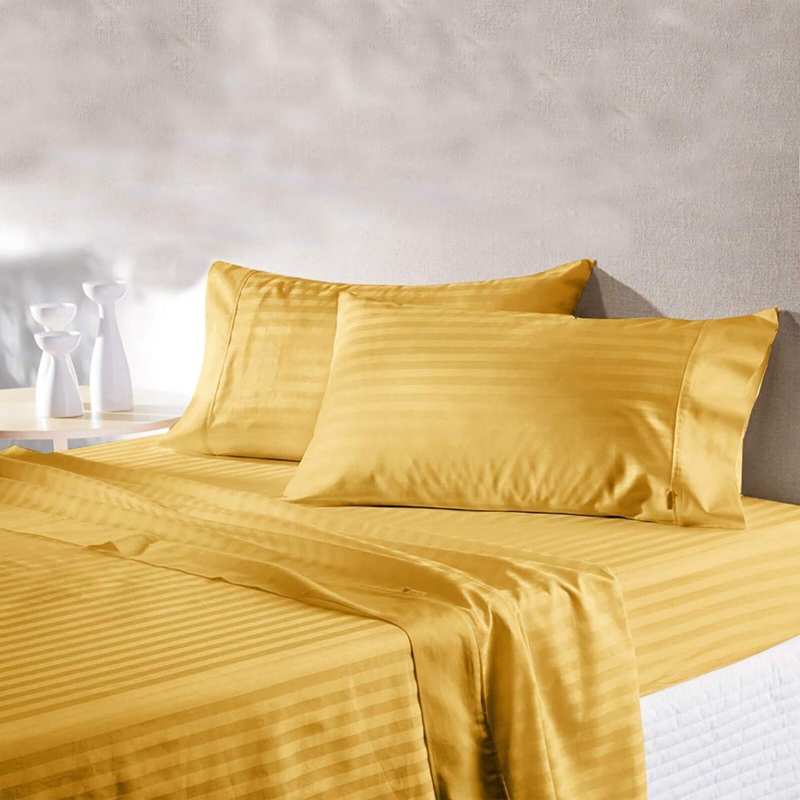 Sheet Set: Striped Fabric & Satin Sheen - Luxury Gold Striped Bedding
