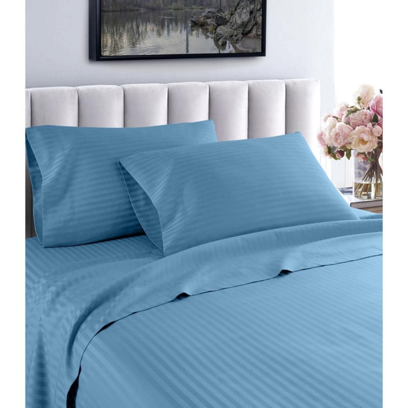 Sheet Set Teal Color Vertical Stripes Cotton Contemporary