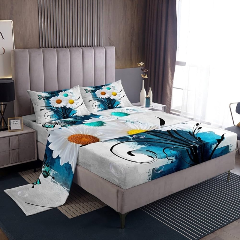 Sheet Set Teal Ombre Background Watercolor Floral Butterfly Print Bedding