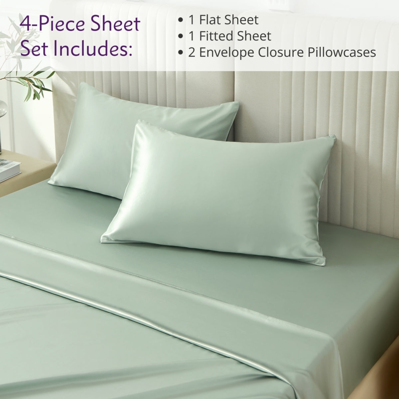 Sheet Set Temperature Regulating High Luster Sage Green Silk Sheet Set