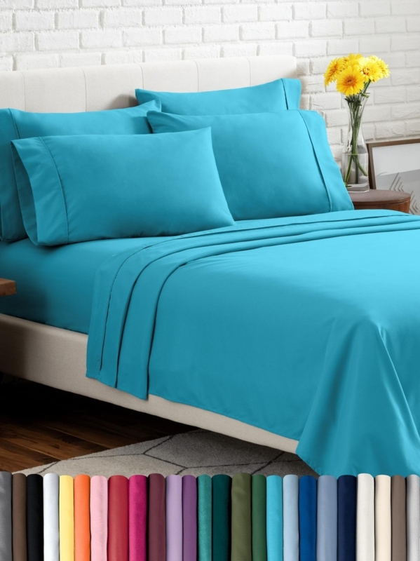 Sheet Set: Vibrant Aqua Hue with Deep Pocket Folded Stack.