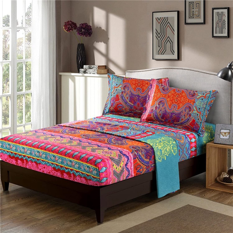 Sheet Set Vibrant Floral Print Microfiber Bohemian Bedding Style
