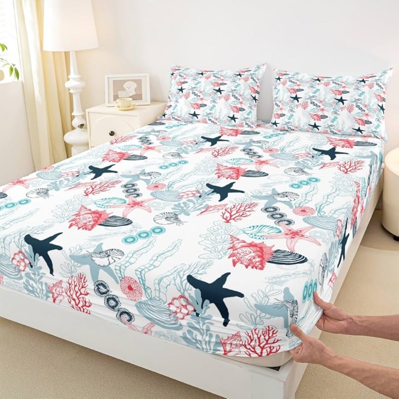 Sheet Set Vibrant Pink Blue Oceanic Life Pattern Whimsical Decor
