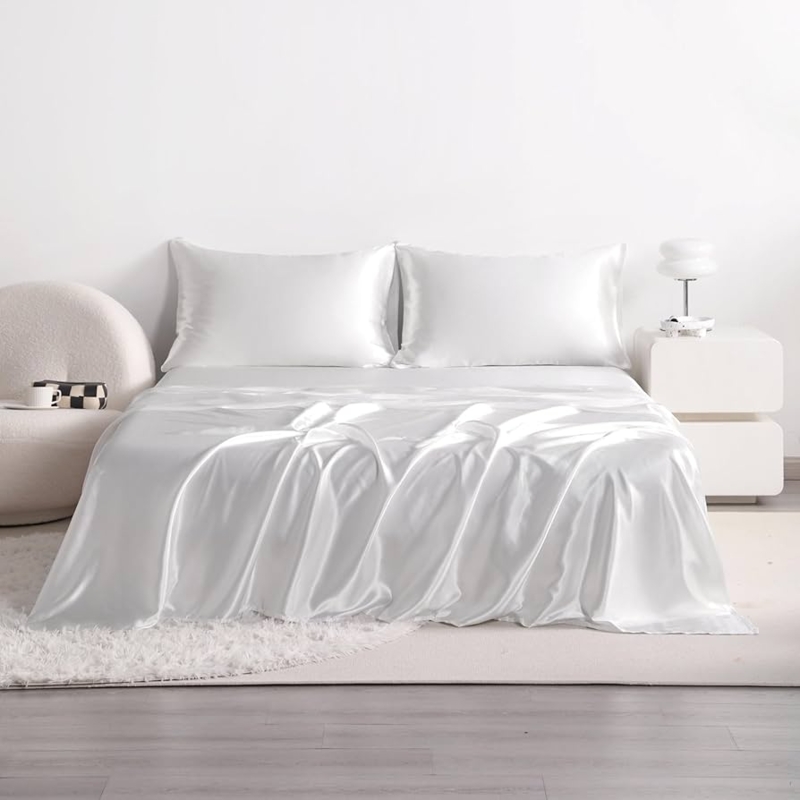 Sheet Set White High-Sheen Fabric Luxury White Satin Bedding