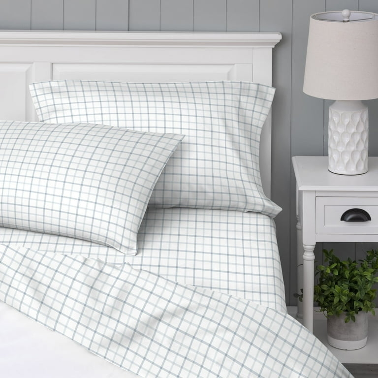 Sheet Set Windowpane Plaid Light Blue Percale Coastal Bedroom