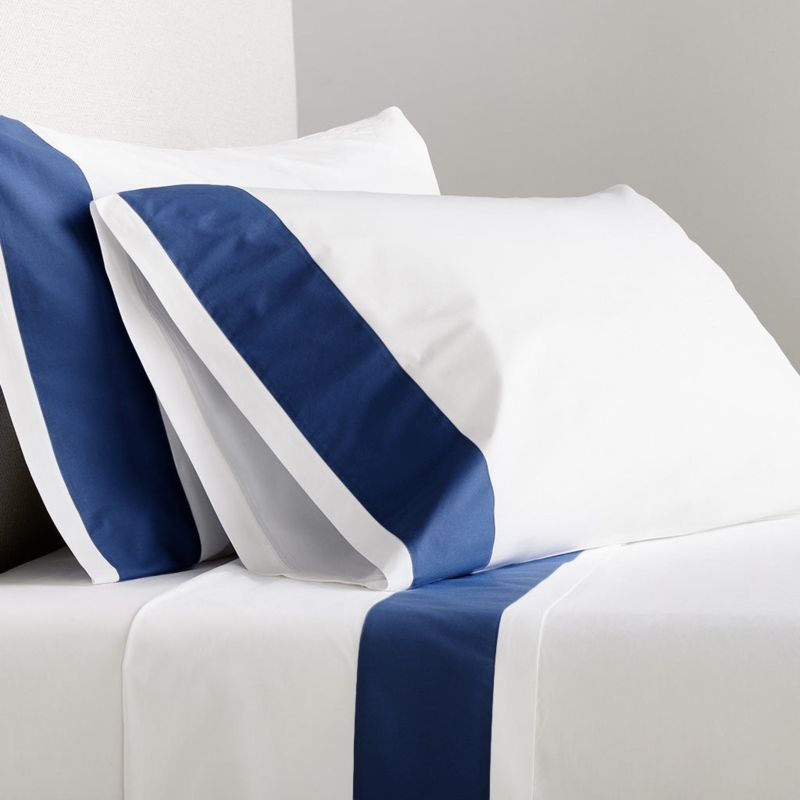 Sheet Set with Wide Navy Banding, Percale Texture.