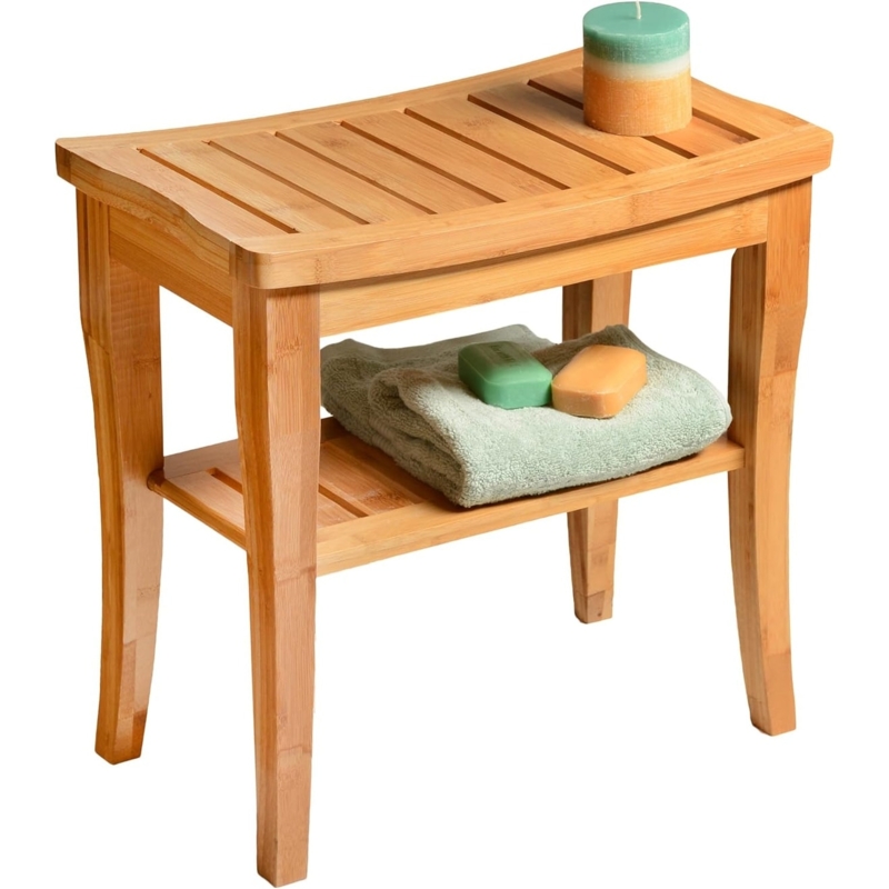 Shower Bench Bamboo Two Tier with Curved Slatted Seat Tropical