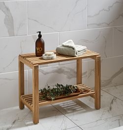 Shower Bench Contoured Seat Lower Shelf Slatted Wood Shower Bench