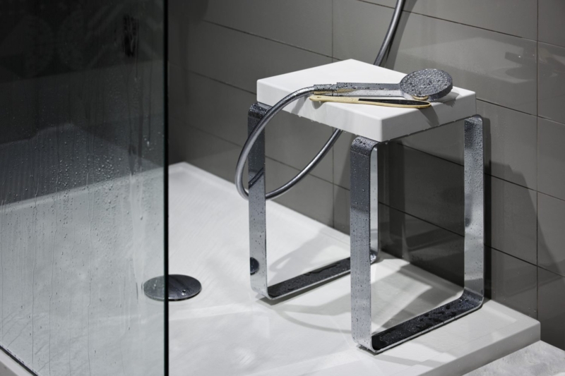 Shower Bench, Cube Shape with Mirrored Stainless Steel Base.