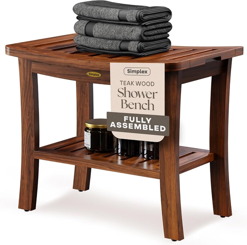 Shower Bench Curved Top Splayed Legs Minimalist Wood Shower Bench