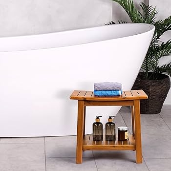 Shower Bench Featuring Built-In Storage Shelf and Slatted Design