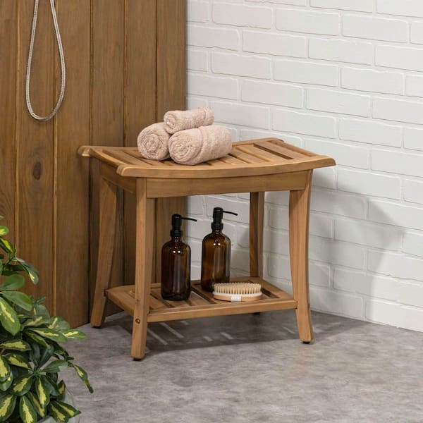 Shower Bench in Light Teak with Side Handle and Slatted Shelf