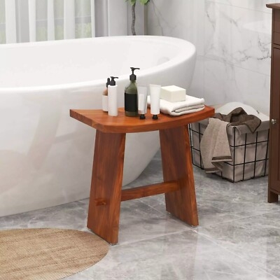 Shower Bench Leveling Feet Curved Seat Warm Wood Toned Bath Stool