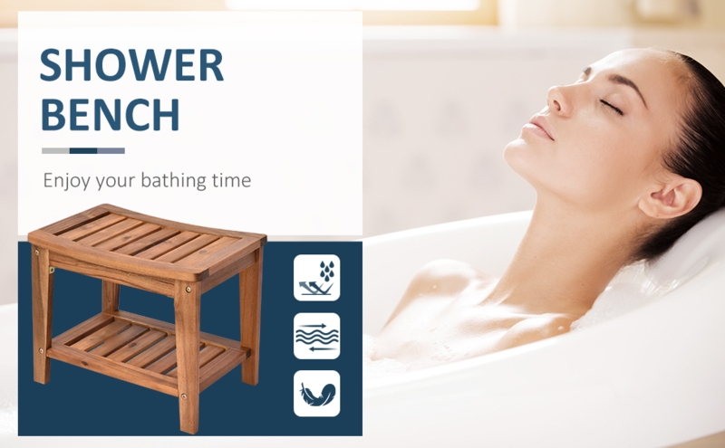 Shower Bench Modern Acacia Wood with Slatted Seat and Square Legs