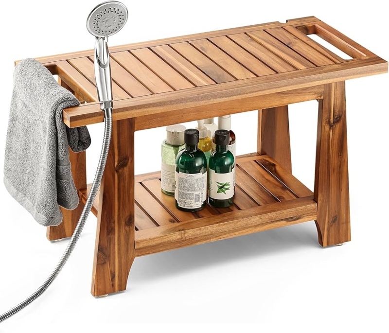 Shower Bench Modern Spa Style with Integrated Handles and Slatted Shelf