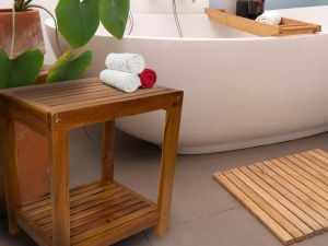 Shower Bench Nordic Style with Flared Legs and Slatted Shelf