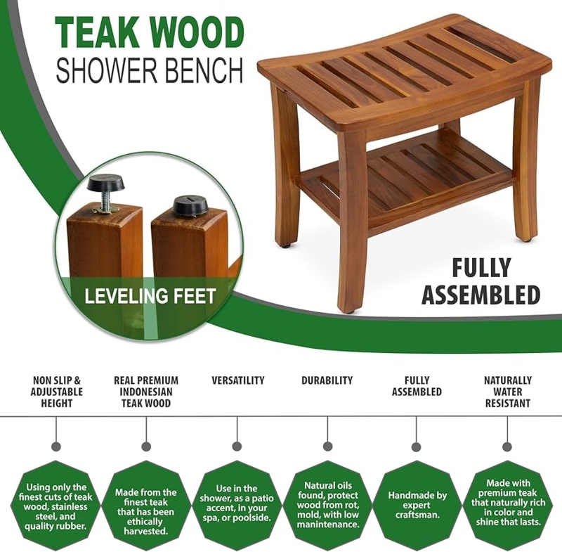 Shower Bench Side Handles Curved Legs Spa Style Bathroom Stool